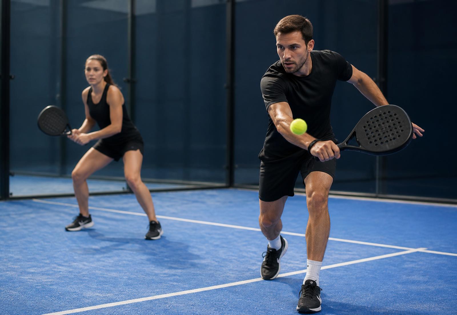 Two padel players celebrating a point on court